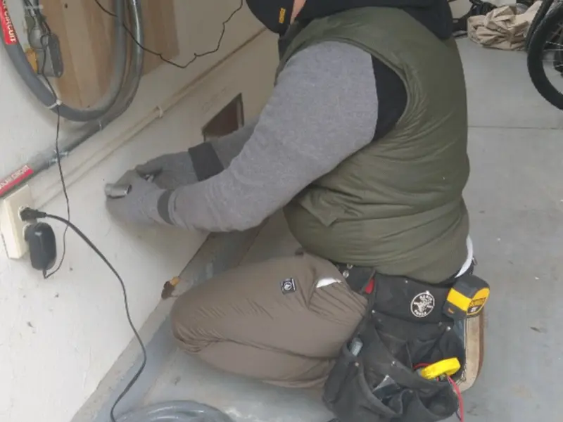 Electrician performing outlet wiring in a Charlton garage